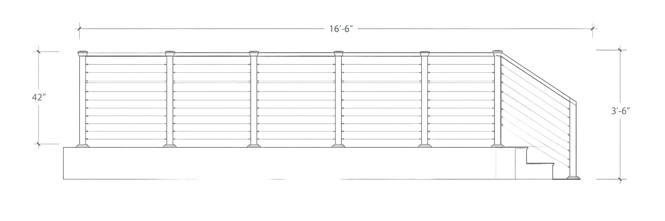 Technical elevation drawing of a railing with dimensions