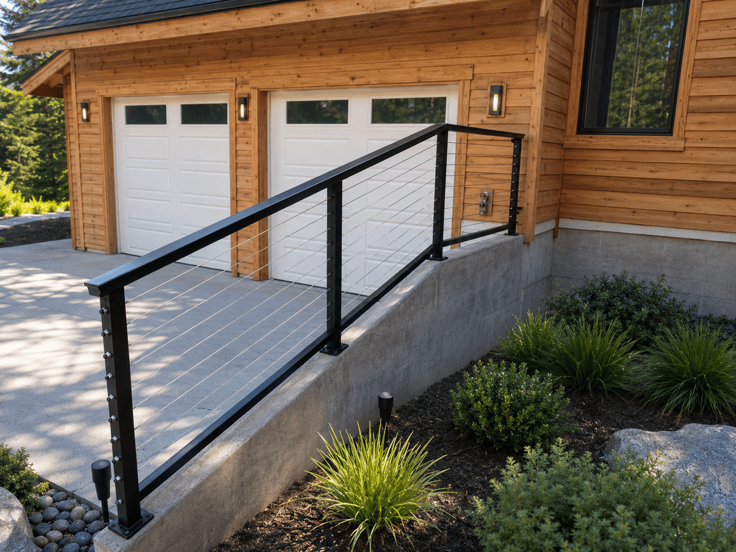 Black-framed horizontal cable railing along a walkway beside a cedar garage