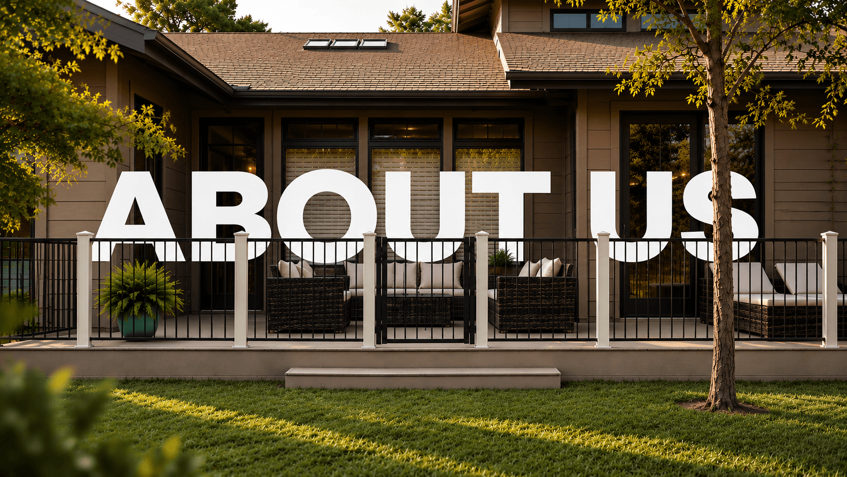 Black metal deck railing on a Pacific Northwest home at golden hour, with the words About Us
