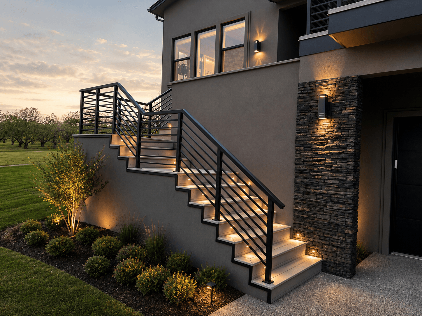 Horizontal aluminum stair railing with step lighting at dusk