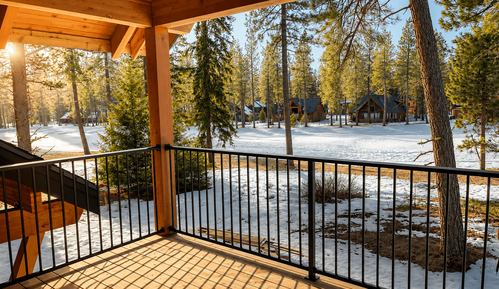 Aluminum railing on a forested deck in the Spokane area