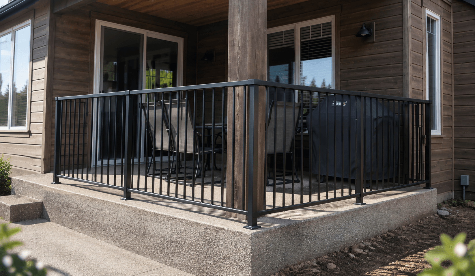 Black aluminum picket railing wrapping a concrete patio on a cedar home