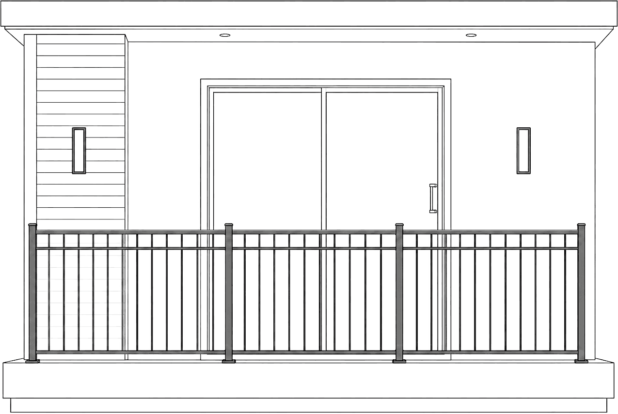 Black aluminum vertical-picket railing on a terrace with a sliding door behind