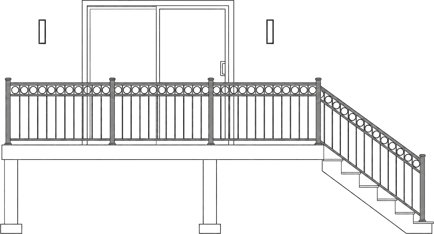 Black aluminum vertical-picket railing with a decorative ring accent band on a deck and stairs