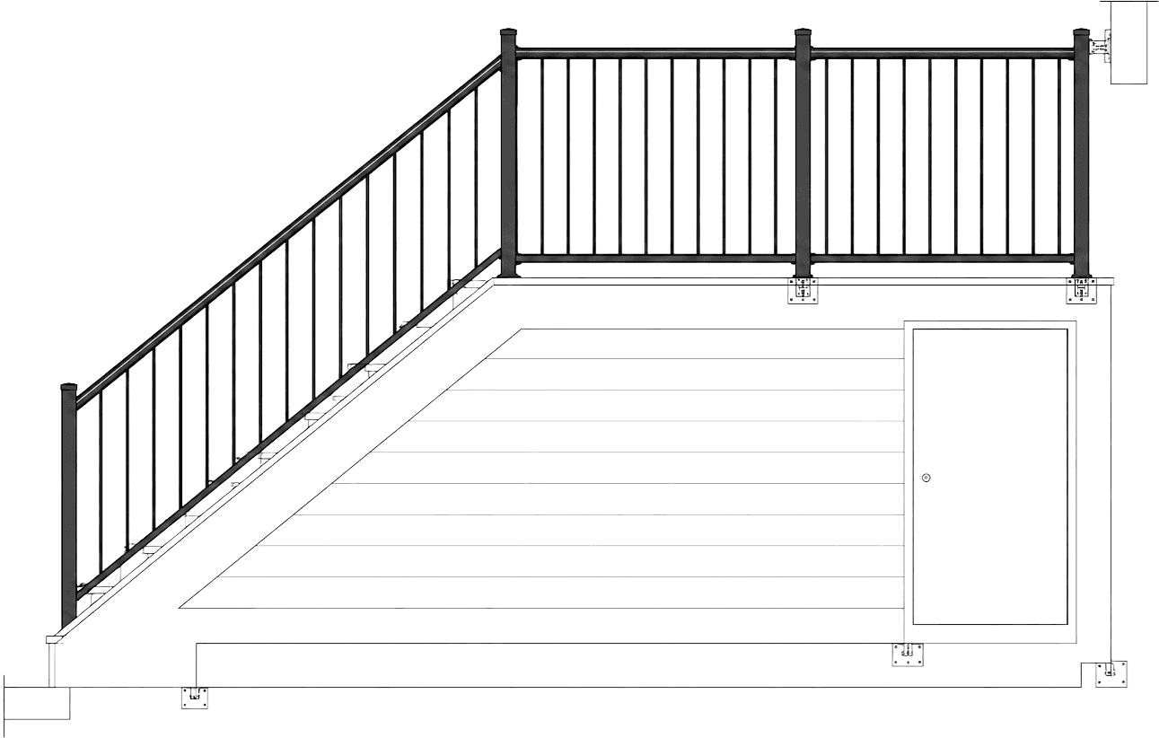 Black aluminum vertical-picket railing on a deck with a matching stair rail