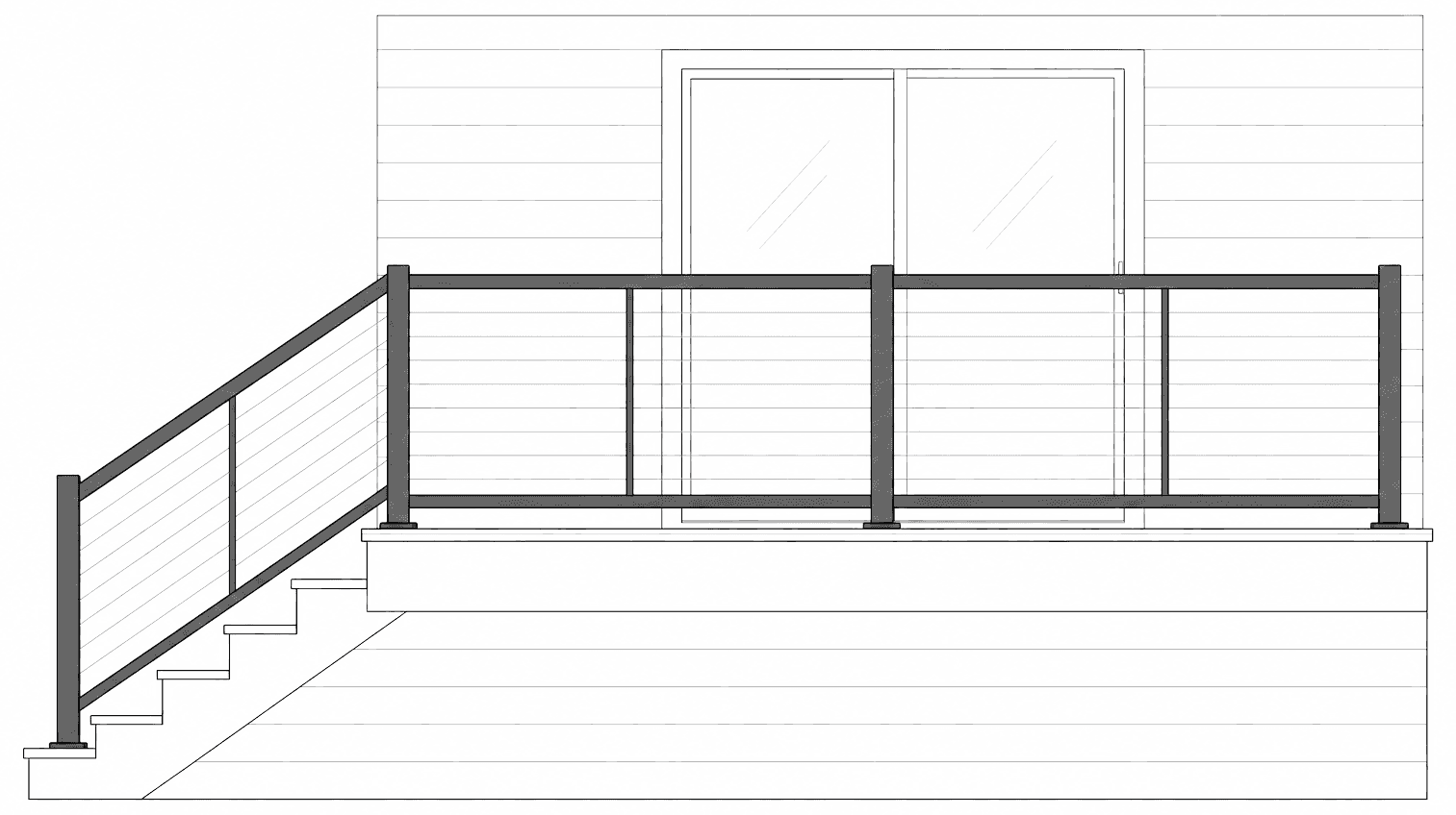 Horizontal stainless cable railing elevation with black aluminum posts on a deck and stairs