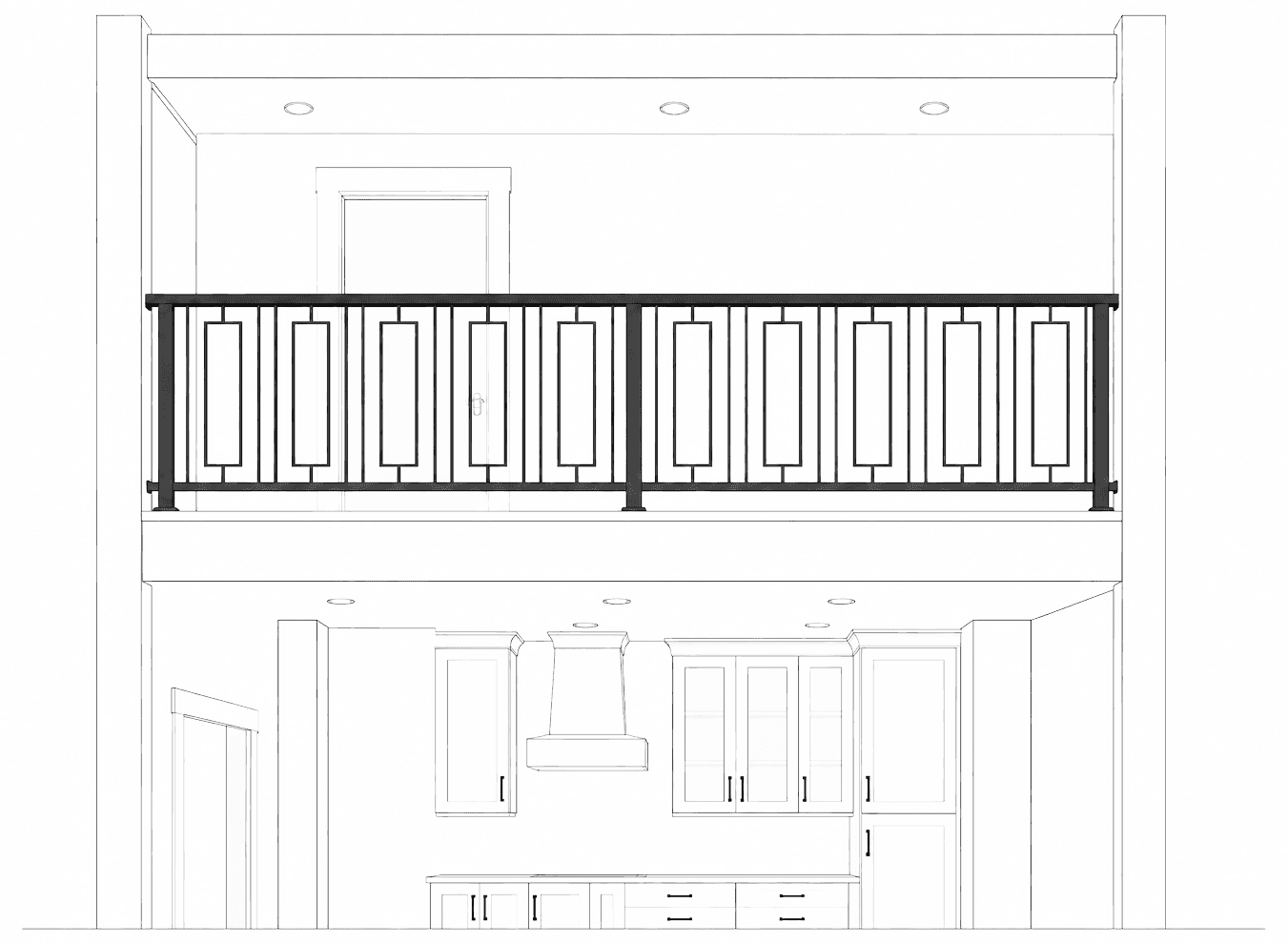 Custom geometric metal balcony railing elevation over a kitchen, drawn from architectural plans