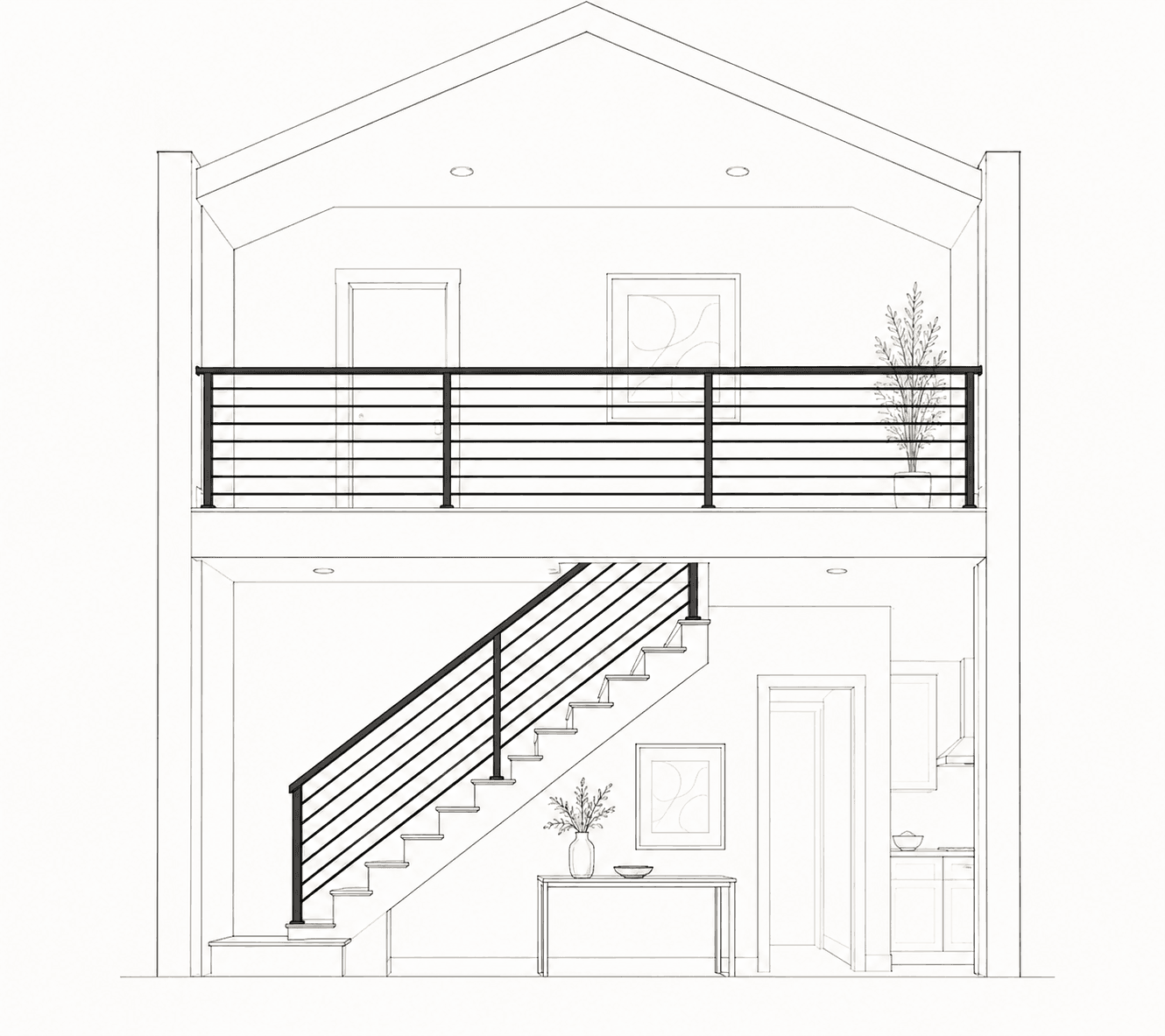 Horizontal bar metal stair railing elevation, drawn as a line-art render