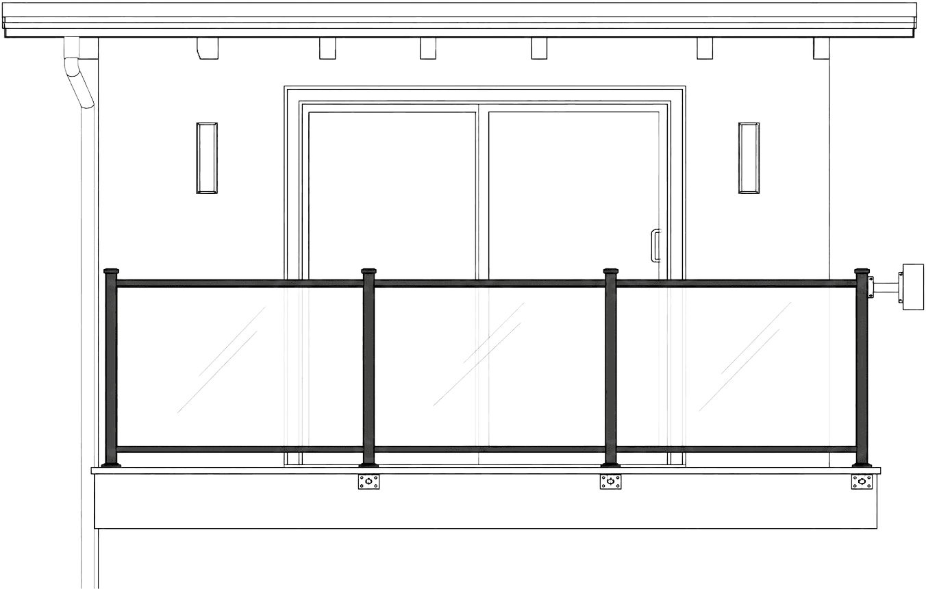 Framed glass railing elevation with tempered panels between black aluminum posts on a balcony