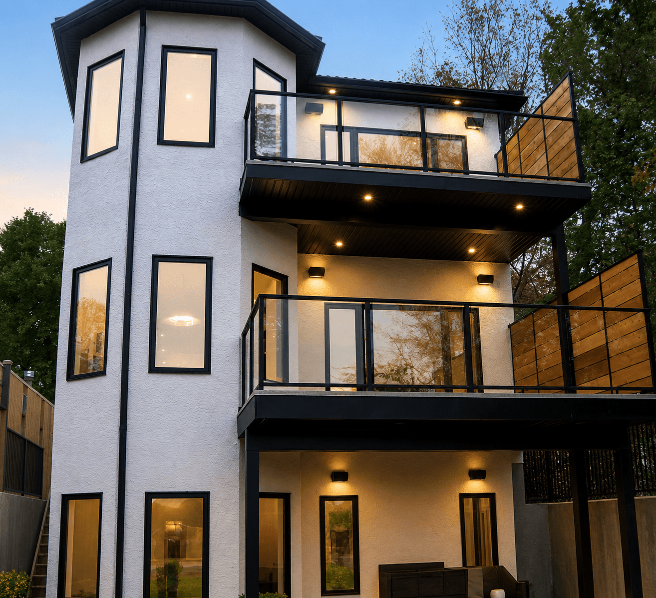Framed glass balcony railings with black posts on a modern three-story home