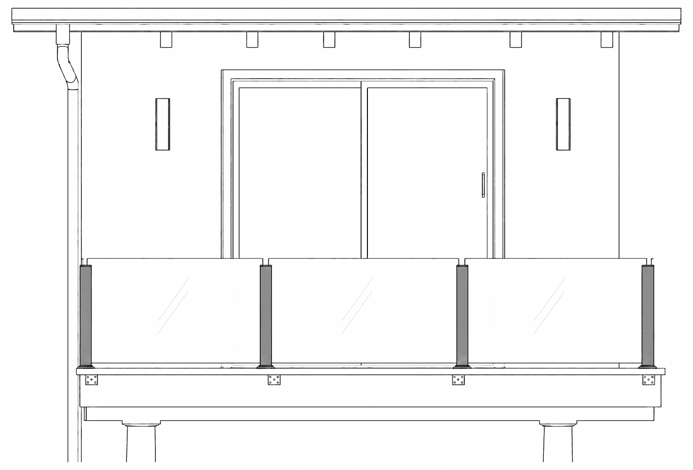Topless glass railing elevation with tempered panels between posts and no top rail on a balcony