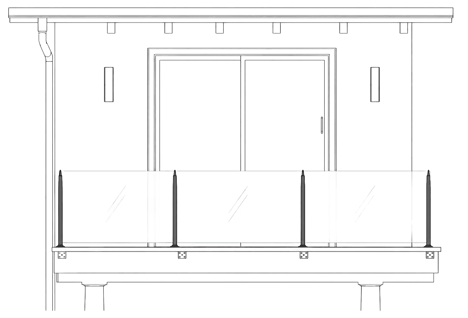 Topless glass railing elevation with tempered panels between tapered posts and no top rail on a balcony