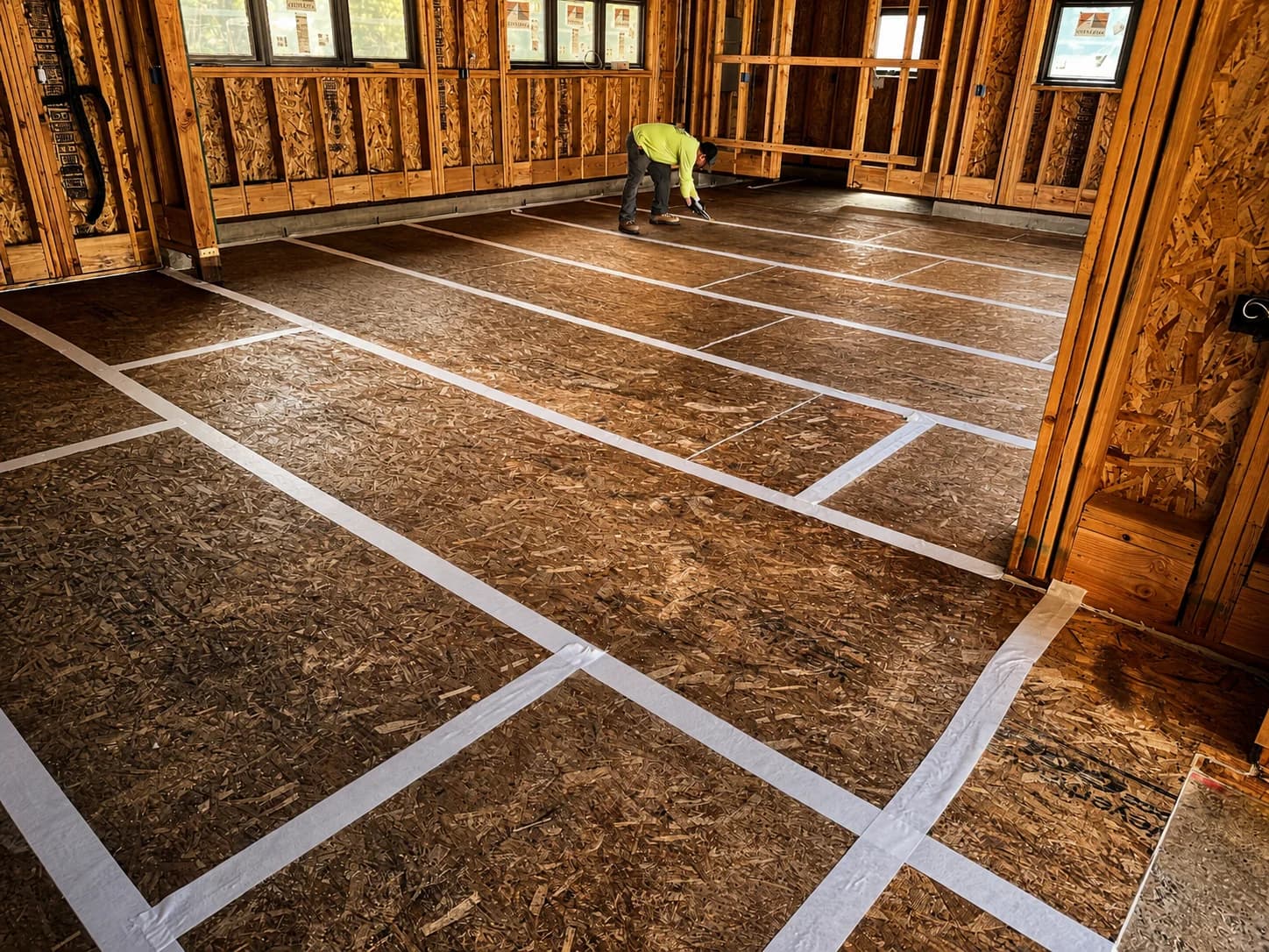 Subfloor seams taped and sealed during waterproofing prep